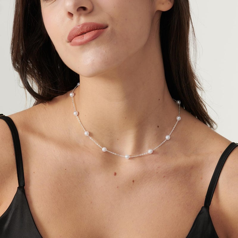 PRTGL Store Pearl Necklace: 14K Gold-Plated/White Gold-plated Pearl Necklace for Women 16.5” + 2” - Image 3